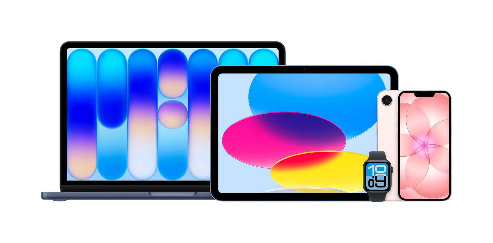 Apple product family including MacBook, iPad, Apple Watch, and iPhone